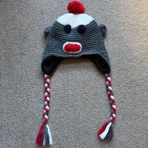 Chaos Sock Monkey Beanie Knit Crochet Knit Pom Pom Big Kids One Size